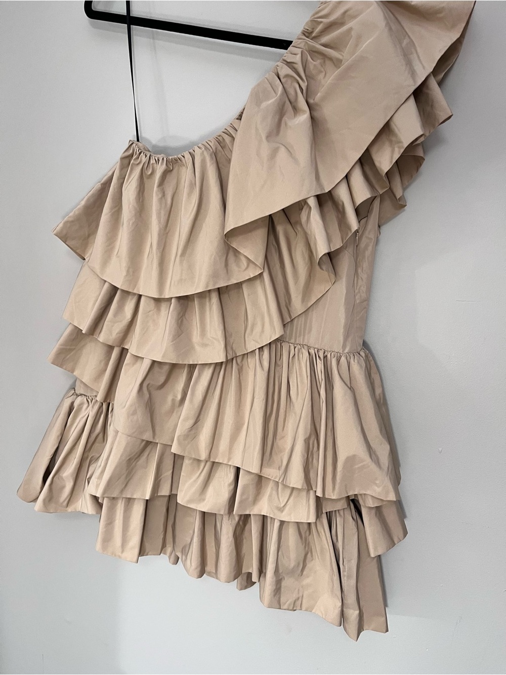 One-Shoulder Tiered Ruffle Mini Dress in Beige - Picture 5 of 11
